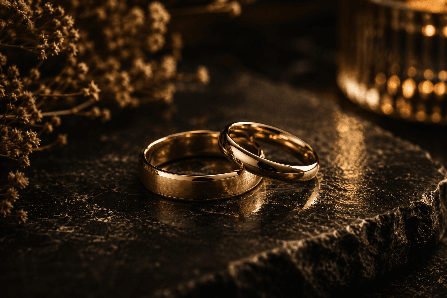 Zwei goldene Trauringe, warm beleuchtet auf dunklem Stein