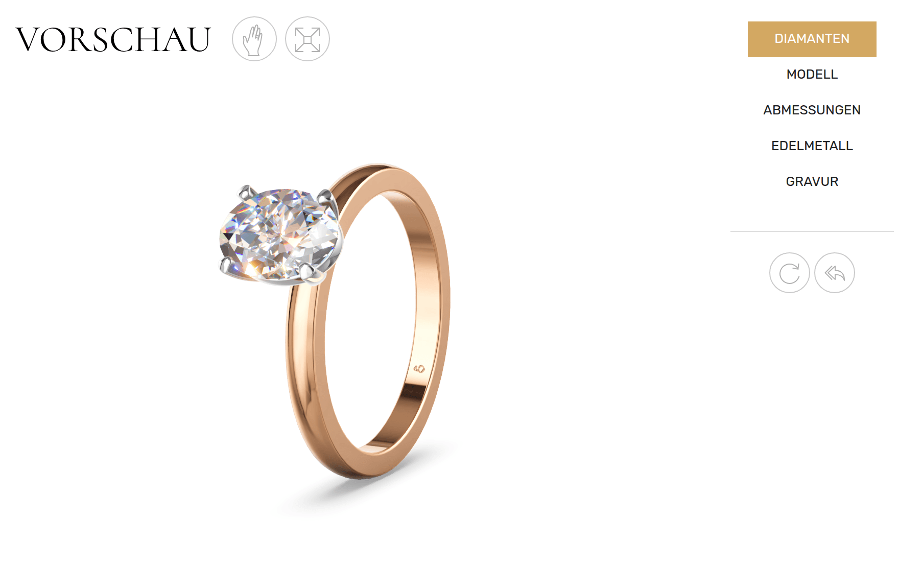 Vorschau des Solitär-Konfigurators: 3D-Ansicht eines Verlobungsrings mit ovalem Diamanten, Krone in Weißgold und Ringschiene in Rotgold, daneben die Schritte Diamanten, Modell, Abmessungen, Edelmetall und Gravur