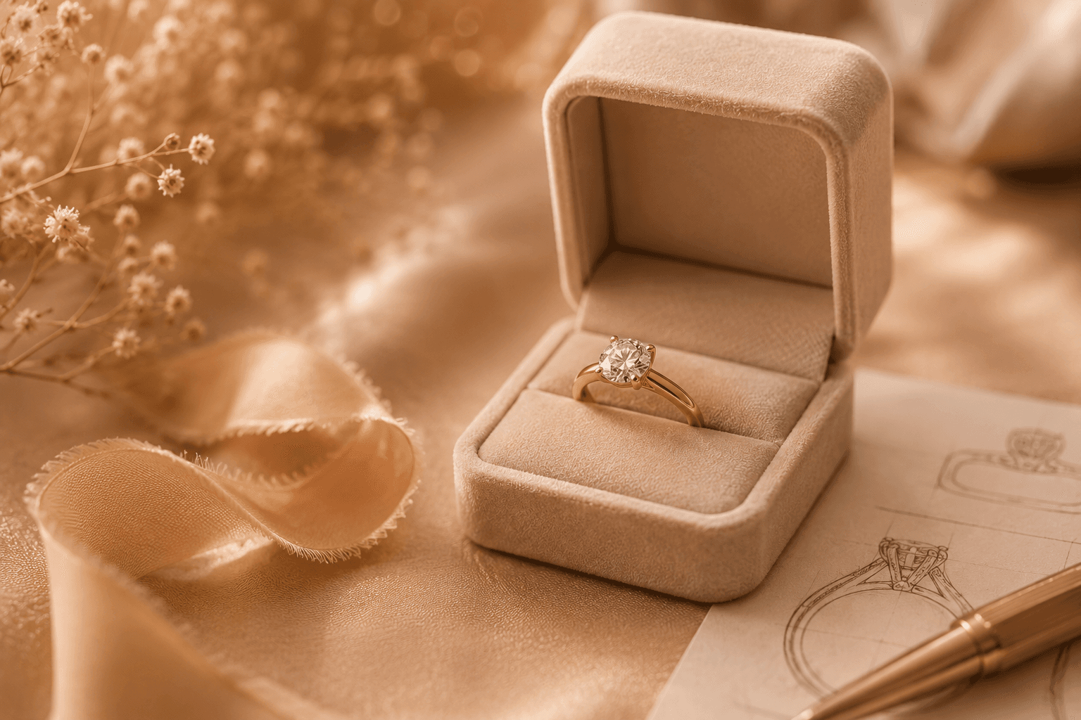 Verlobungsring mit Diamantkranz in einem geöffneten Ringetui aus Samt