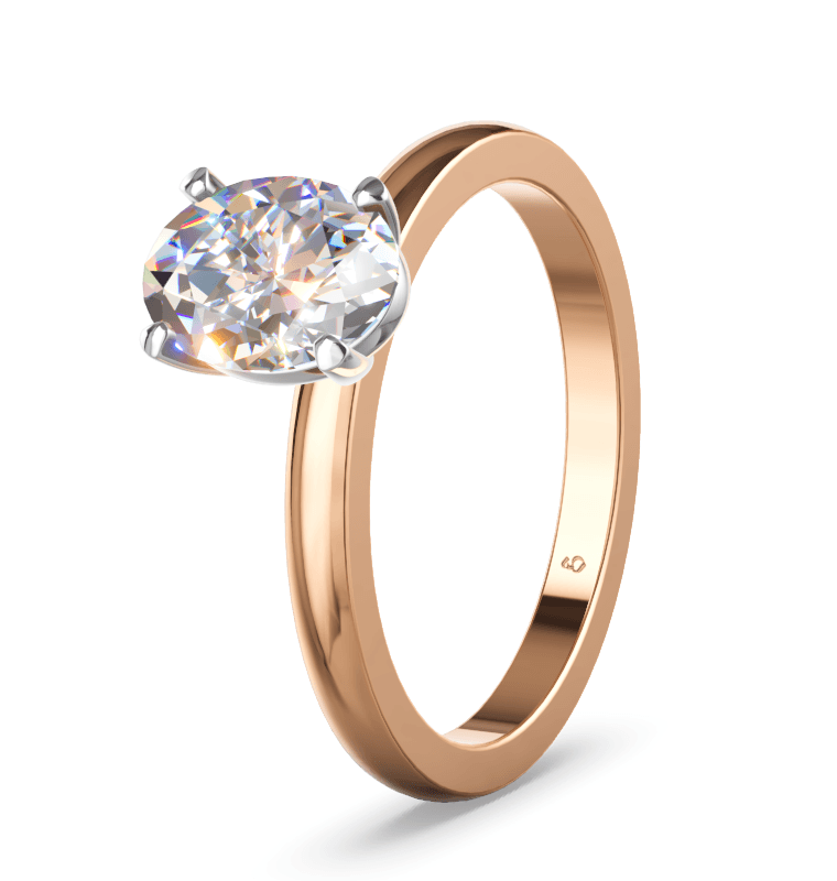 Im Solitär-Konfigurator gestalteter Verlobungsring mit ovalem Diamanten, Krone in Weißgold und Ringschiene in Rotgold