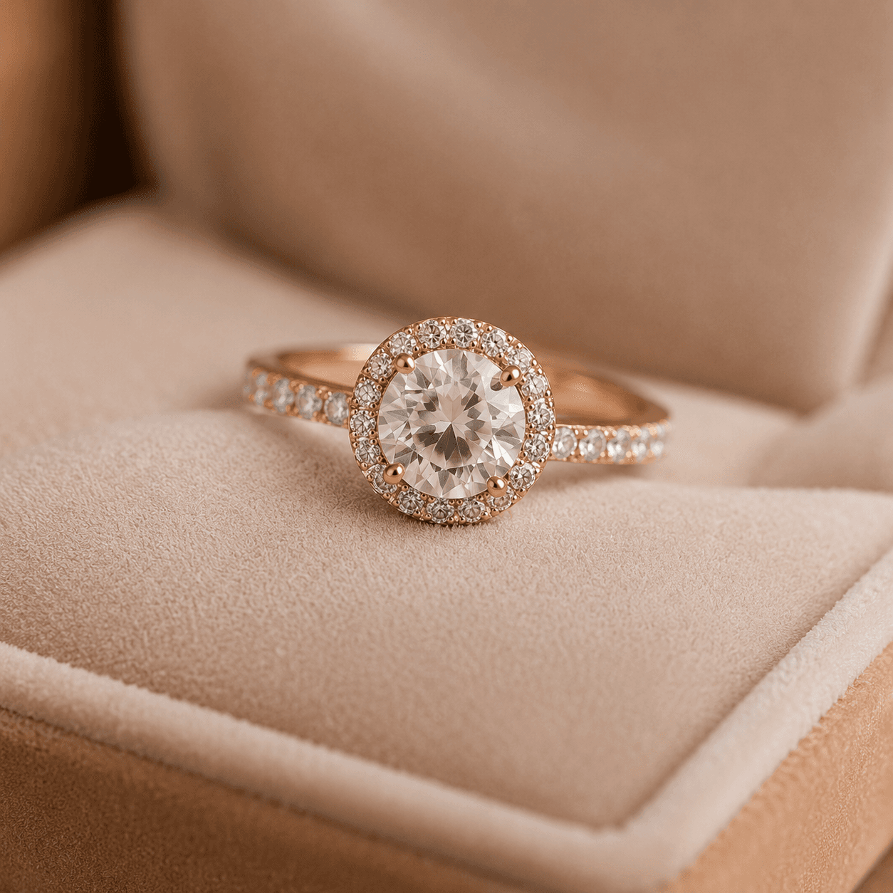 Roségoldener Verlobungsring mit Diamantkranz in einem hellen Samtetui